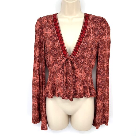 Free People Womens Printed Bell Sleeve Blouse Time if your life print size XS fa - Picture 1 of 12